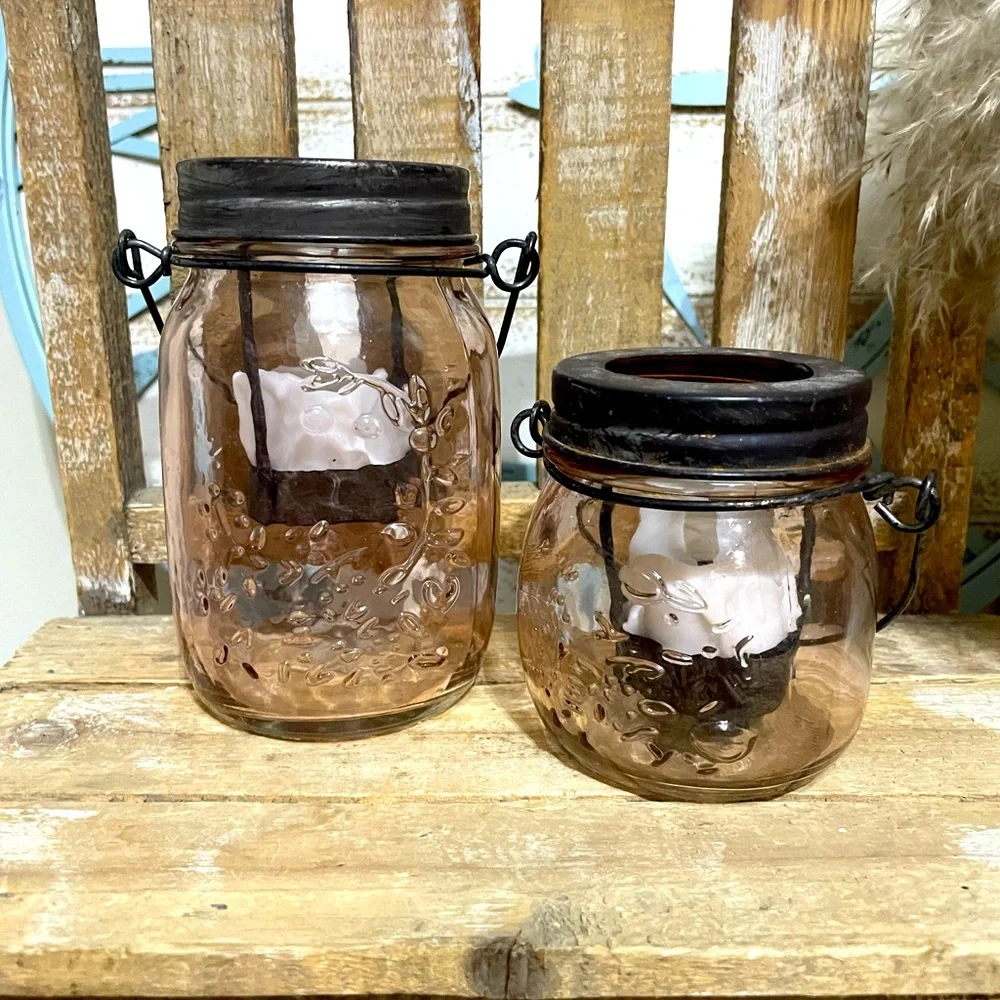 Pink Farmhouse Mason Jar Lantern Lights Set NEW